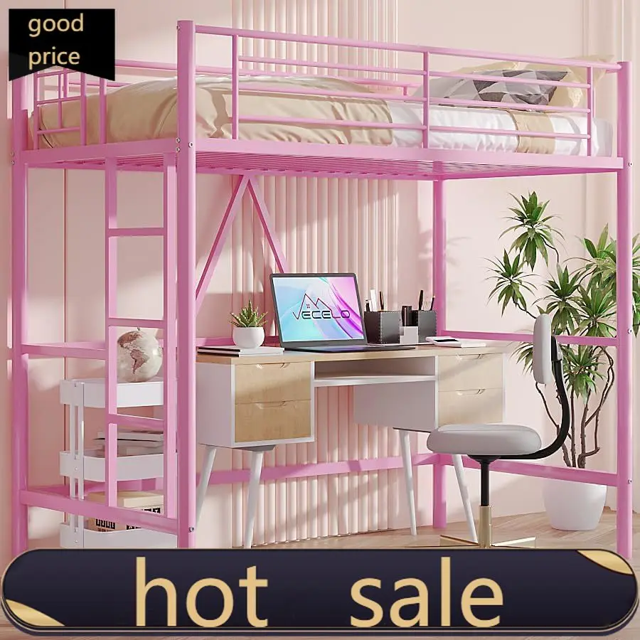 VECELO Loft Bed Twin Size, Metal Bedframe with Removable Ladder and Safety Guardrail, No Box Spring Needed, Space Saving, Noise
