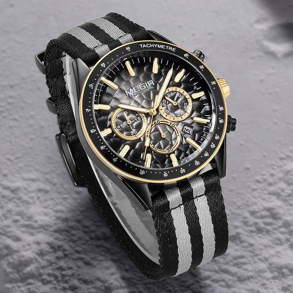 MEGIR Business Man Wristwatch Date Chronograph Waterproof Luminous Luxury Men Watch Nylon Strap Quartz Men's Watches Male