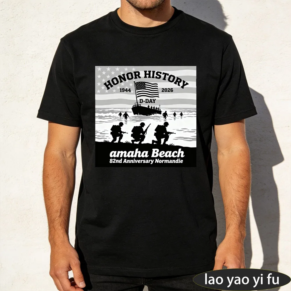 Men D-Day Omaha Beach 82nd Anniversary Normandie T-Shirt 1944-2026 Honor History Patriotic US Flag Print Short Sleeve Casual Tee