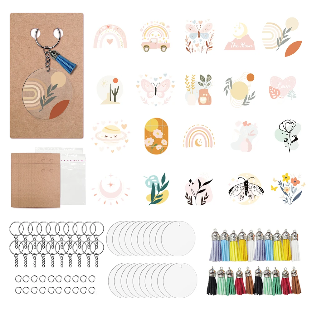 160 Pcs DIY Acrylic Keychain Making Accessories Clear Acrylic Blanks Book Pattern Transfer Stickers Keychain Display Cards