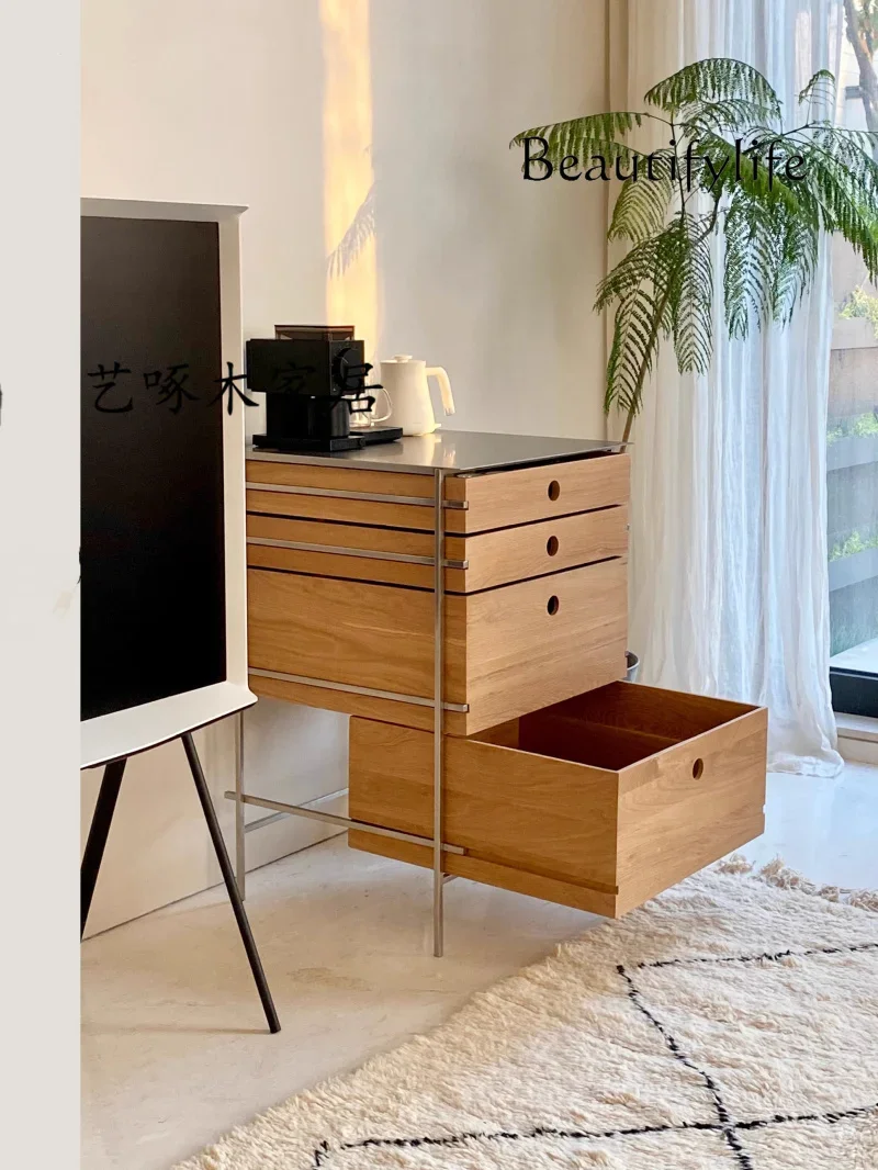 X Nordic Original Oak Chest Cabinet, Log Dining Side Storage Cabinet, Minimalist Stainless Steel Multi-functional Cabinet