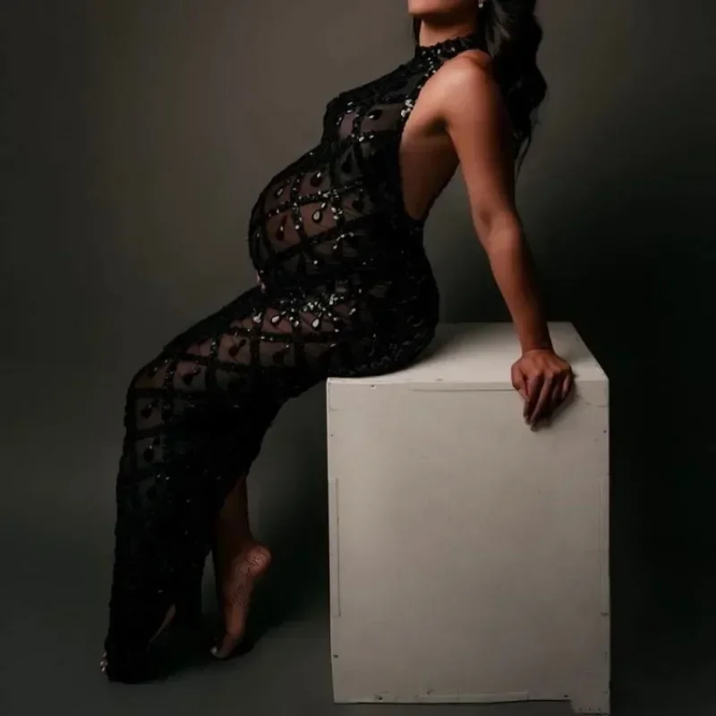 

Sexy Maternity Photography Dress Perspective Rhinestone Turtleneck Sleeveless Sequined Skinny Baby Shower Dress