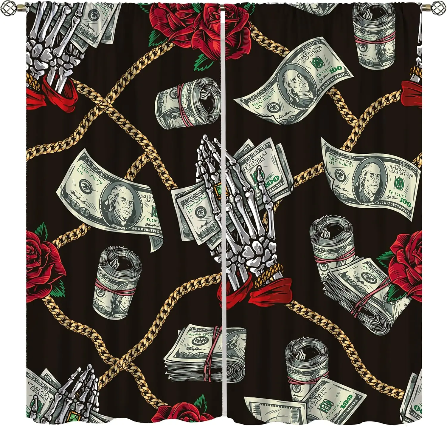Dollar Curtains,Cartoon Funny Banknotes US Money Fortune Rose Skulls Window Treatments,Thermally Insulated Drapes for Boys Girls