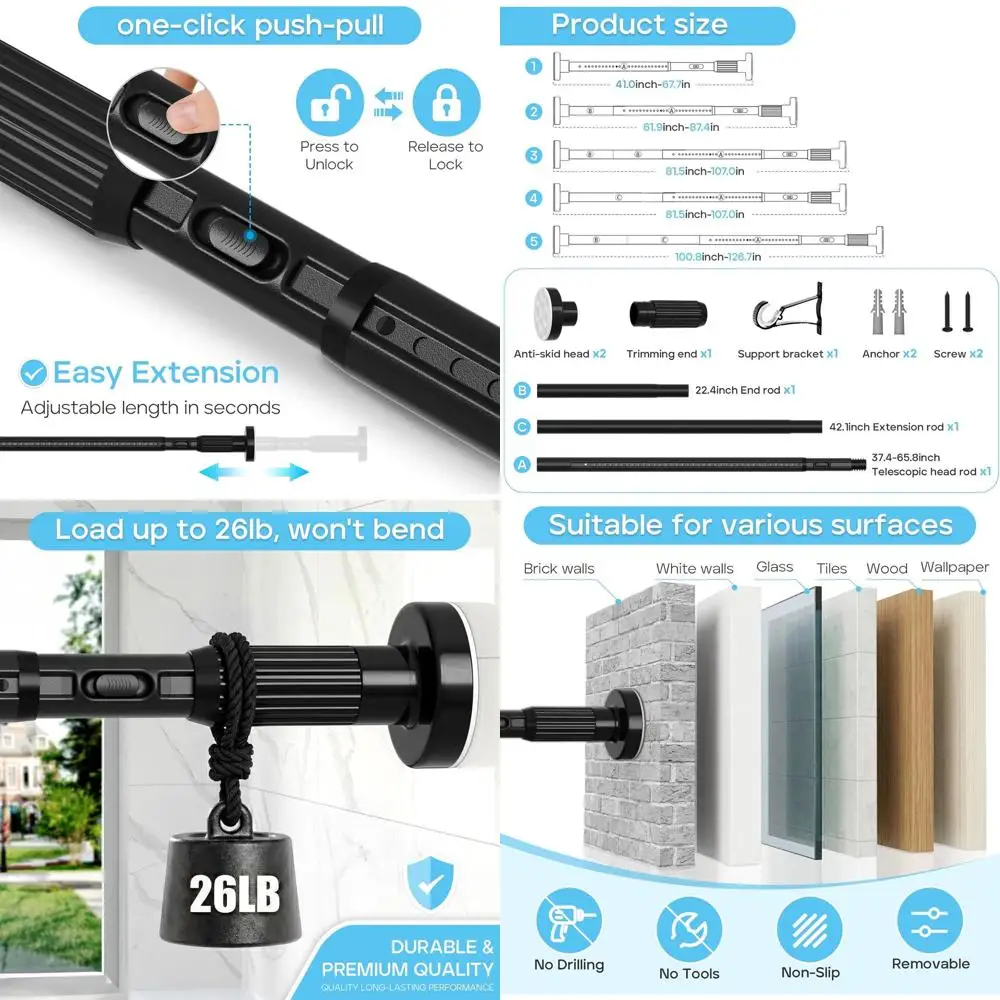 

Adjustable 41-126 Inch Long Shower Curtain Rod, No Drilling Outdoor or Indoor Tension Rod, Black for Patio, Window, or Bathroom