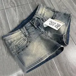 American Retro Washed Worn Denim Shorts Jeans Women's Summer Design Riveted Low-rise Hot Pants Shorts Feminino