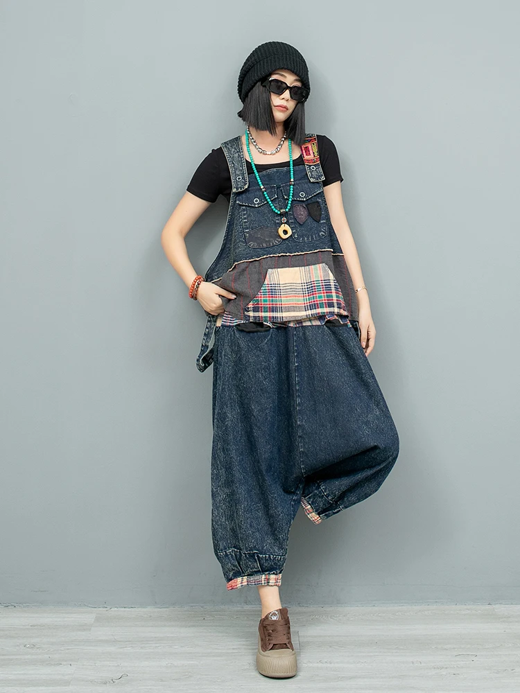 Vintage Denim Patchwork Plaid Camisole Vest + Hanging Crotch Pants Two-piece Set Women 2024 Autumn Stylish Pant Set LX2401