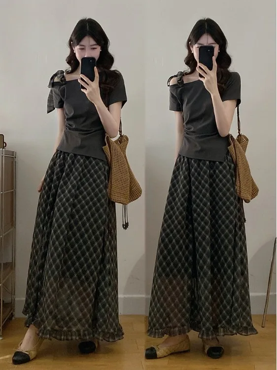 

plus Size Fashionable Summer Loose Fit Shoulder T-Shirt And Plaid Skirt Two Piece Set Women's Clothing Korean Style Commute