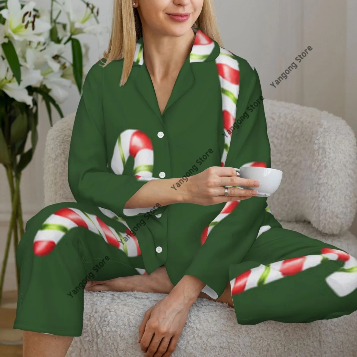 Women Sleepwear Loungewear Watercolor Christmas Candy Cane Long Sleeve Lapel Neck Shirt and Elastic Waist Pants Pajamas Set