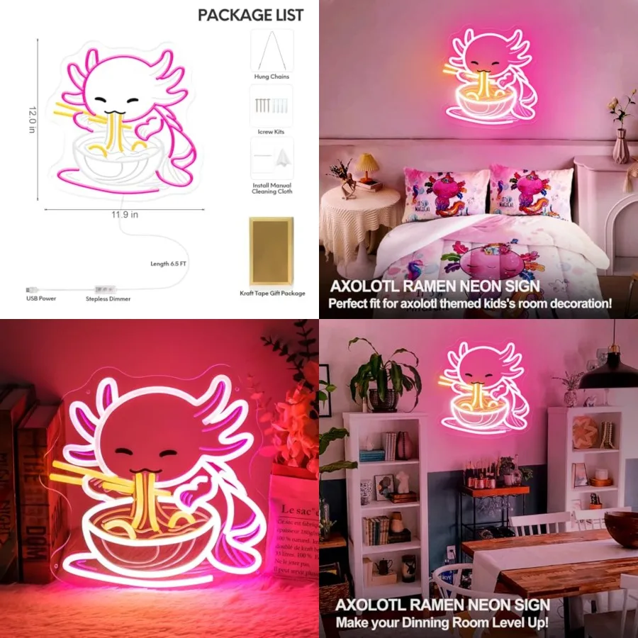 

Axolotl Neon Sign, Dimmable Ramen Axolotl LED Neon Light, Cute Anime Japanese Noodles Light Up Sign, for Gaming Rooms Bedrooms