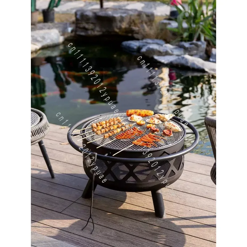 Round Outdoor Charcoal Fire Pit Multi-functional Fire Bowl BBQ Grill for Patio Courtyard Backyard Camping Gathering