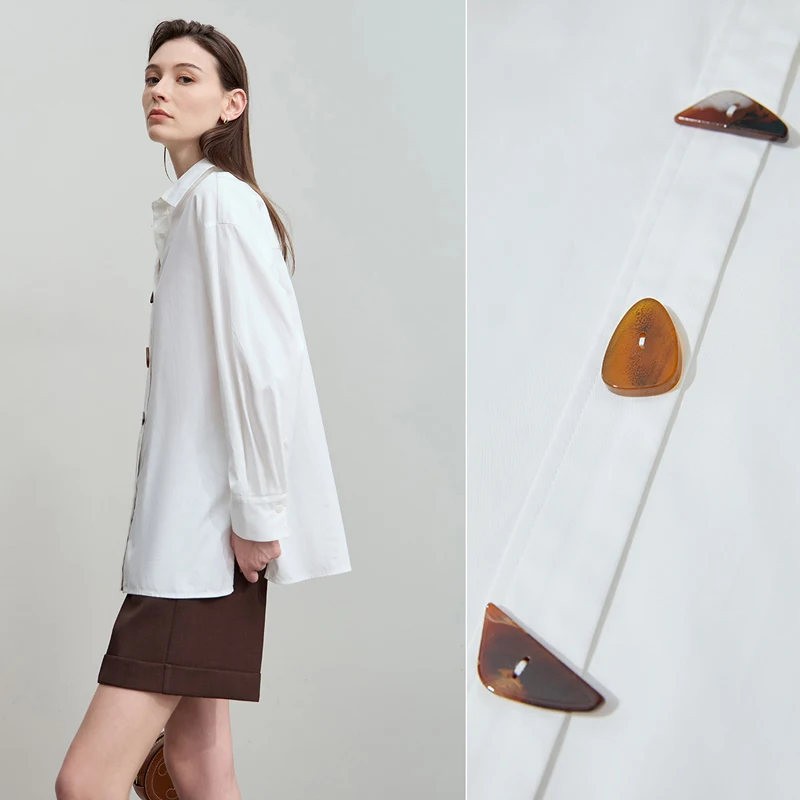 AMII 2025 가을 셔츠 미니멀리즘 탑 100% 코튼 긴 소매 솔리드 셔츠 Office Lady Buttons 풀오버 블라우스 12523091
