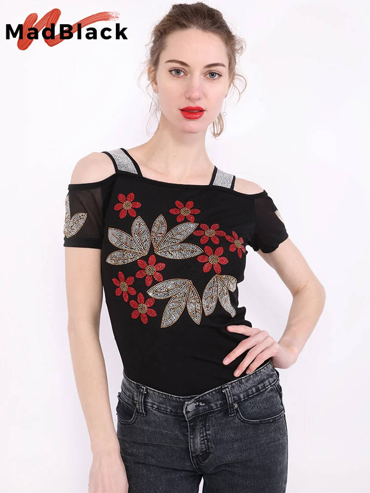 

MadBlack Summer Fashion European Clothes T-Shirt Sexy Off Shoulder Shiny Diamonds Mesh Women Tops All Match Tees 2022 New T06625