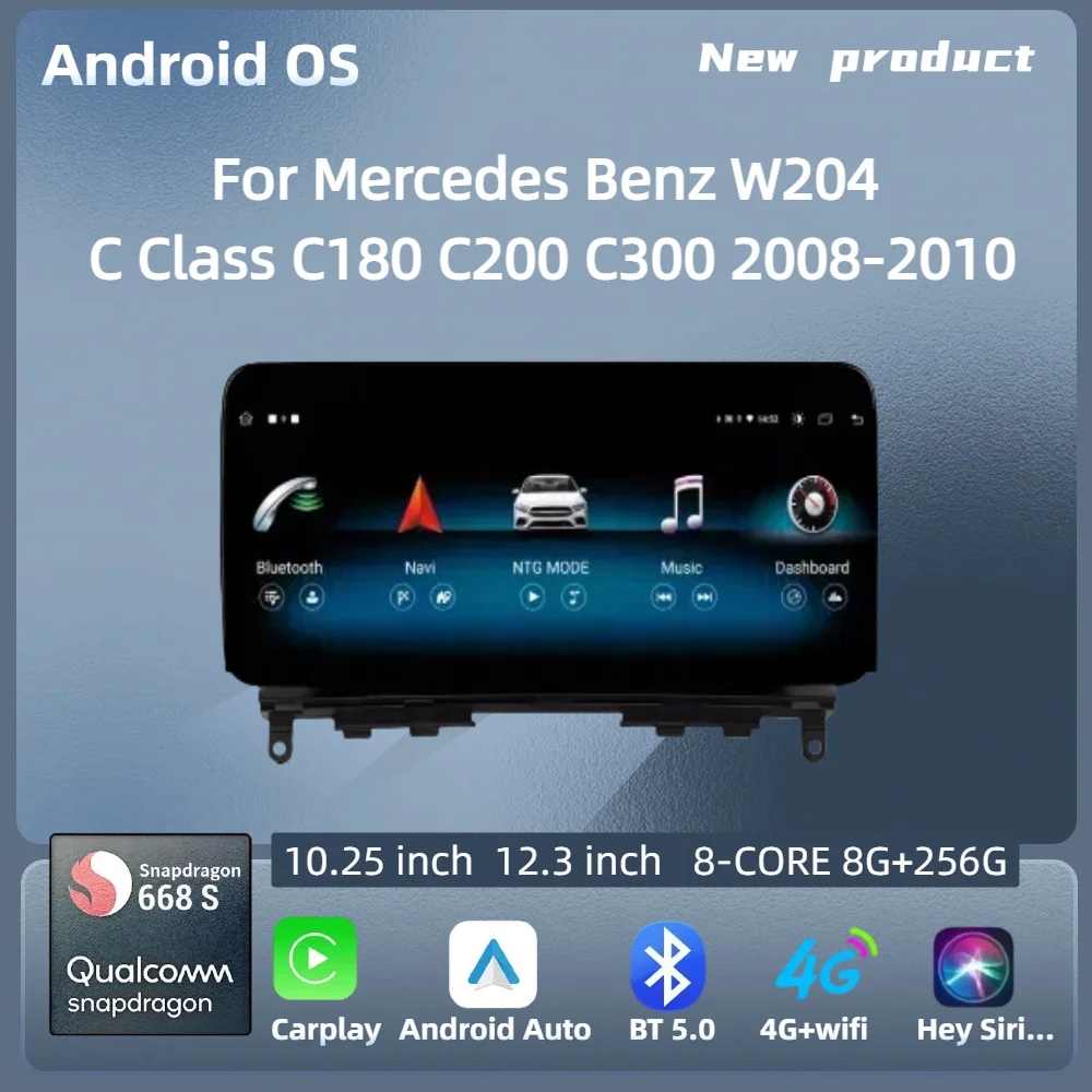 

For Mercedes Benz W204 C Class C180 C200 C300 2008-2010 Car Radio Android 14 Wireless Carplay Snapdragon 680 CPU SM6225 Screen