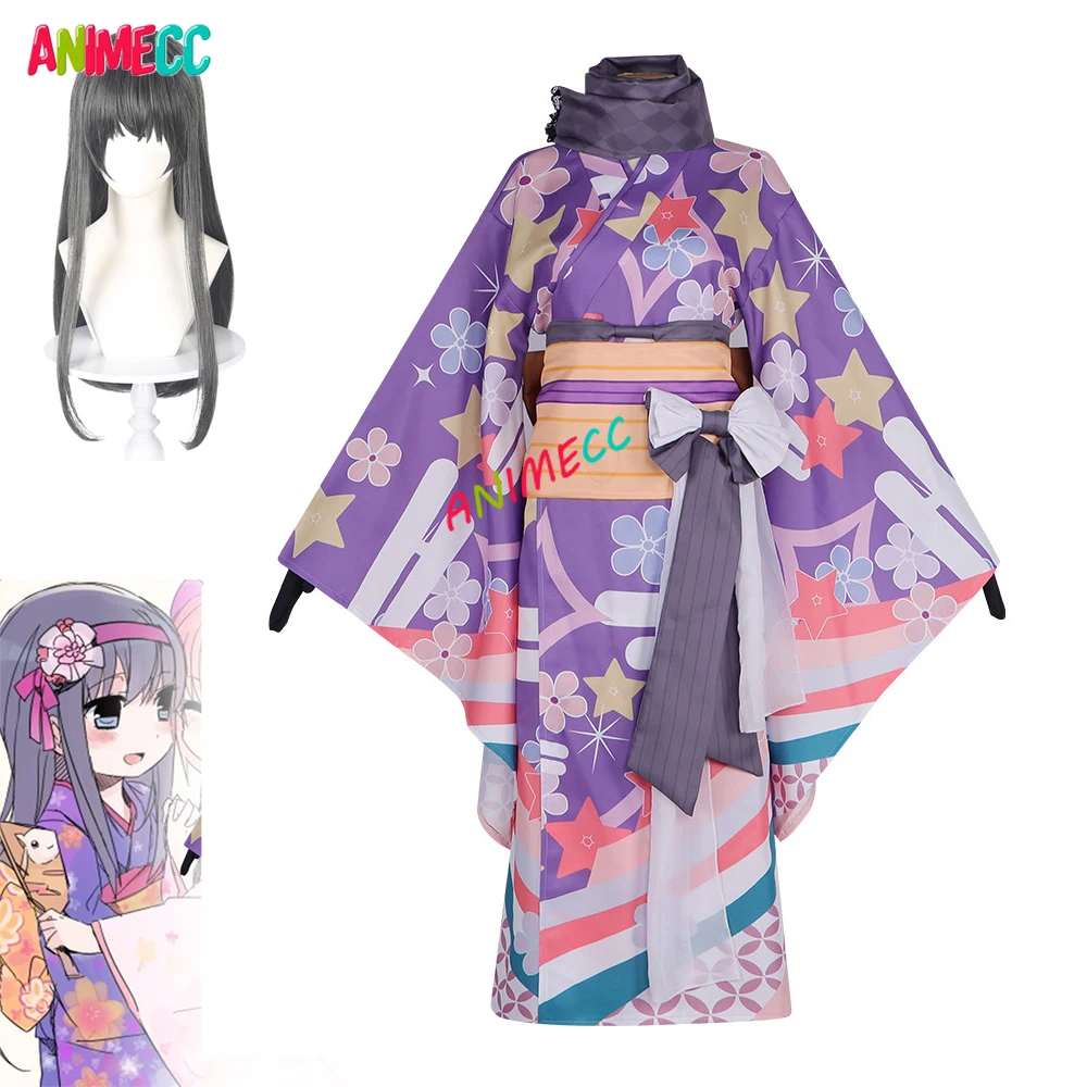 ANIMECC IN STOCK S-2XL Akemi Homura Cosplay Yukata Wig Anime Puella Magi Madoka Magica Japanese Kimono Halloween Party Outfits