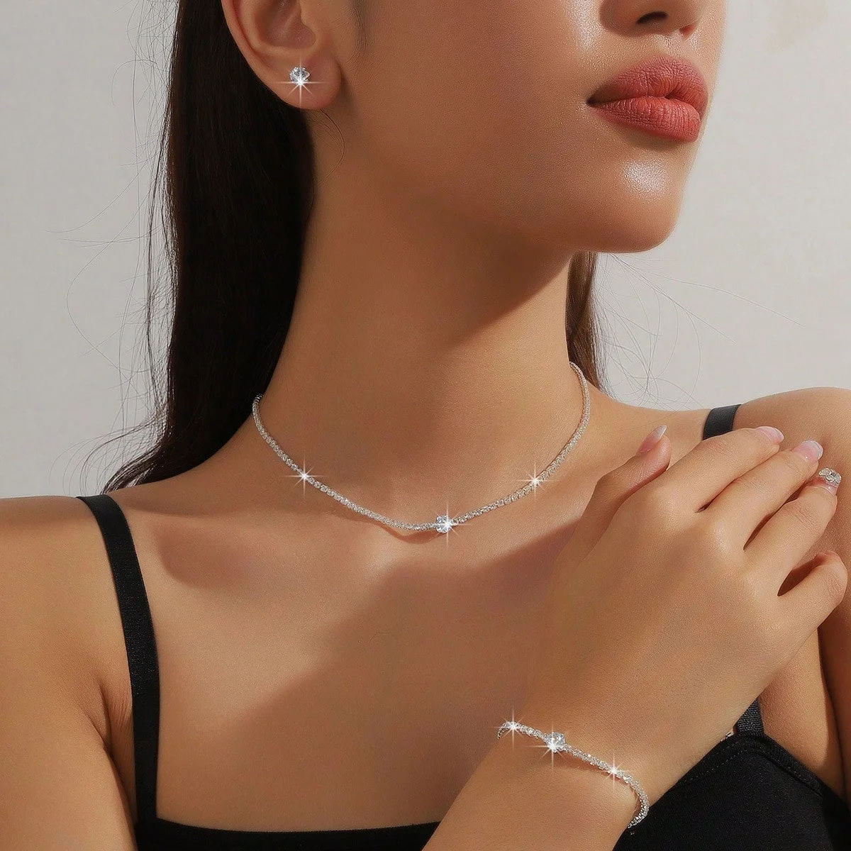Elegant Crystal Wedding Necklace Bracelet Earring Set Stylish Minimalist Zircon Jewelry Accessories for Women Bridal Gift