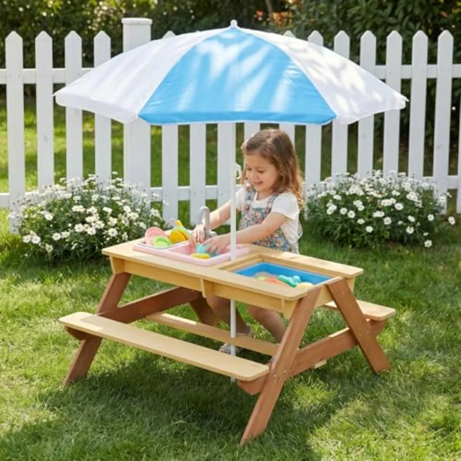 Outdoor kids picnic table with umbrella, wooden sand and water table with removable top, play sink and plastic storage box, 4-s