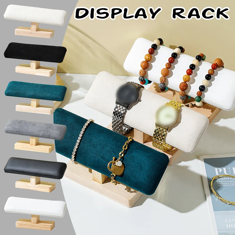 Solid Wood Jewelry Display Stand Organizer T-Shaped Suede Bracelet Watch etc.Storage Rack with Single-Layer Design for Tabletop