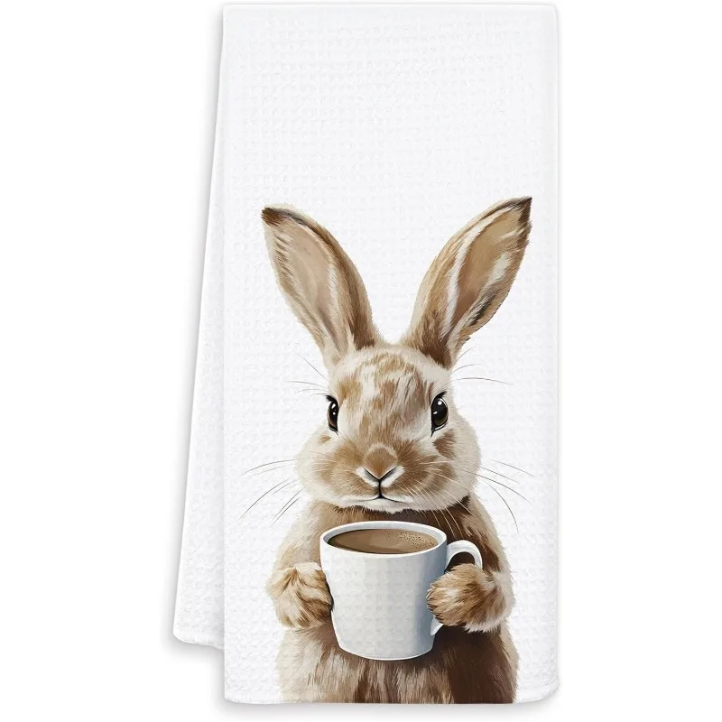 1pc Rabbit Coffee Cup Printed Kitchen Towel, Soft Absorbent 