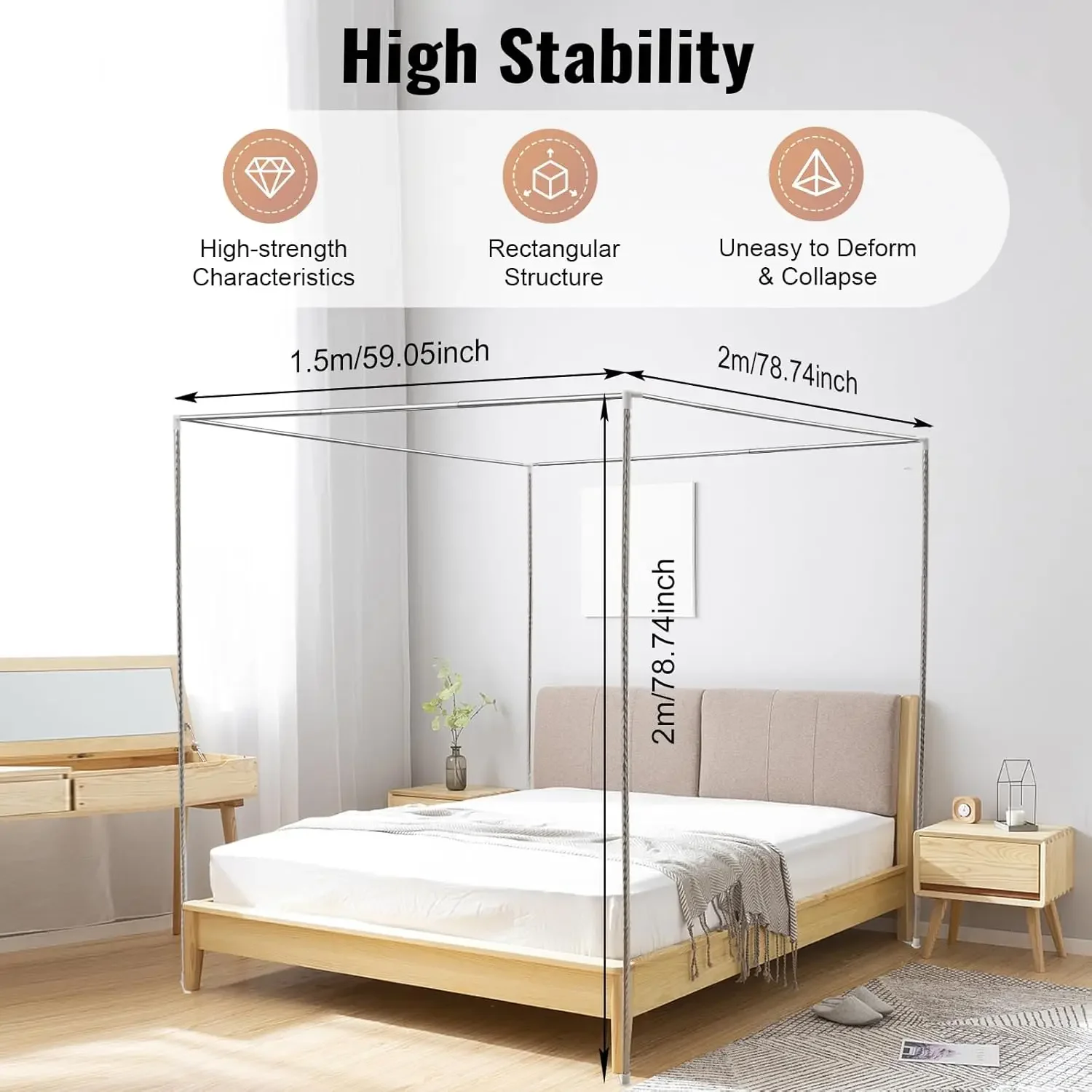 4 Corner Bed Canopy Post Frame Mosquito Netting Bracket Post Stainless Steel, Bed Canopy Post 1.5x2x2m Repellent mosquito Net