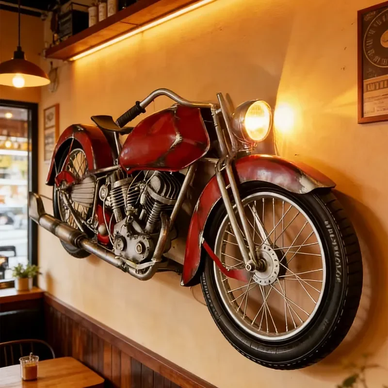 Modern Metal Motorcycle Sculpture Creative Vintage Motor Statue Wall-mounted Industrial Art Decor for Bar Garage