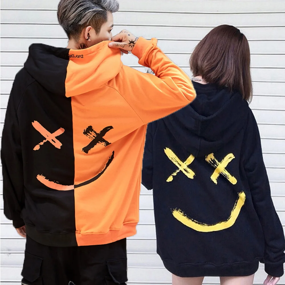 Couple Smile Hoodies Harajuku Printed Oversized Women Sweatshirts Streetwear Hip Hop Patchwork Unisex Couple Hoody Men Pullovers