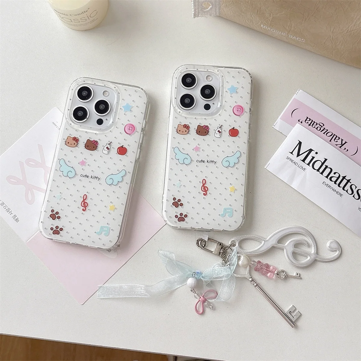 

Korean Cute Wing Polka Dot Hello Kitty Phone Case For iPhone 16 Pro 13 14 15 Pro Max Cover with Chain Pendant Shockproof Cases