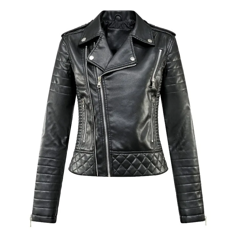 2025 New Spring Autumn Women PU Leather Jacket Short Slimming Embossed Tops Fashion Diagonal Zippers Lapel Loose Women's Coat