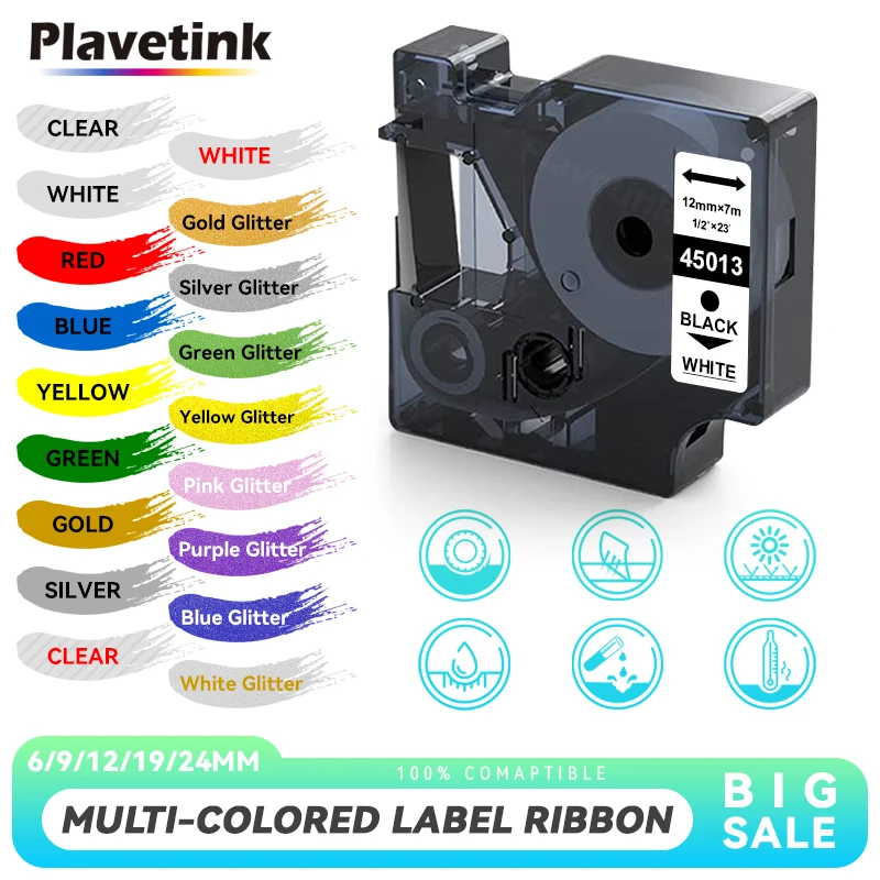 PLAVETINK Compatible for Dymo 45013 d1 LM210D LM420P LM360D Label Tapes Black on White 12mm*7m Label Maker Letter Printer