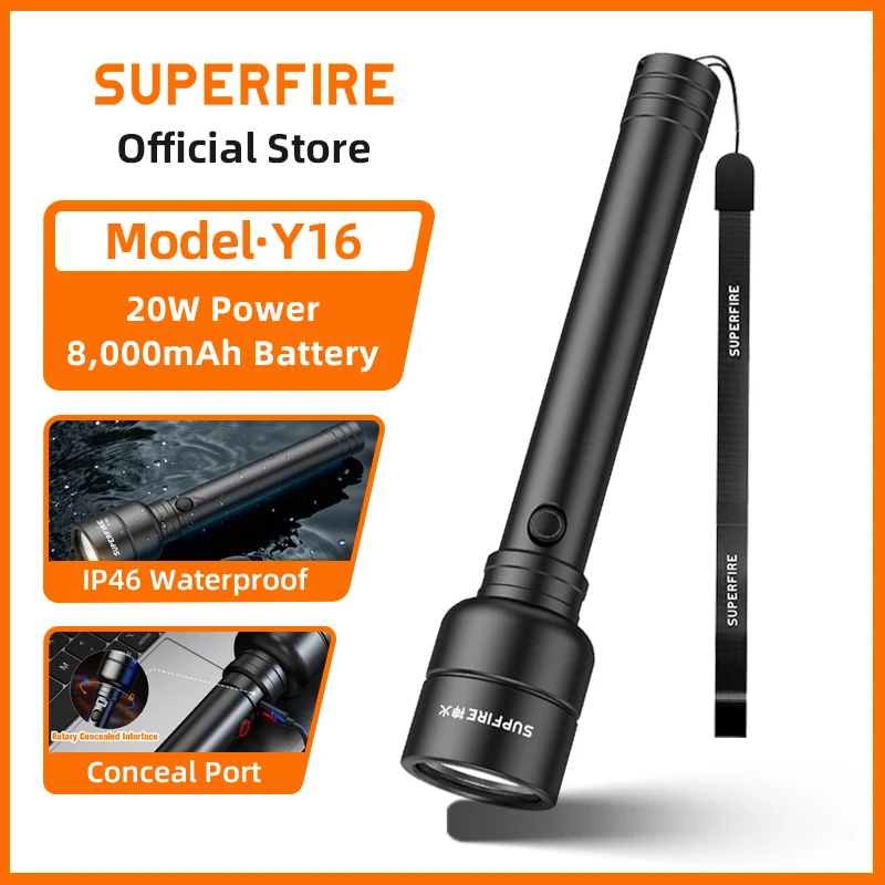 SUPERFIRE Y16 Rechargeable led flashlight USB C 1660LM Ultra Powerful Torch Waterproof Tactical Light Outdoor Camping lantern