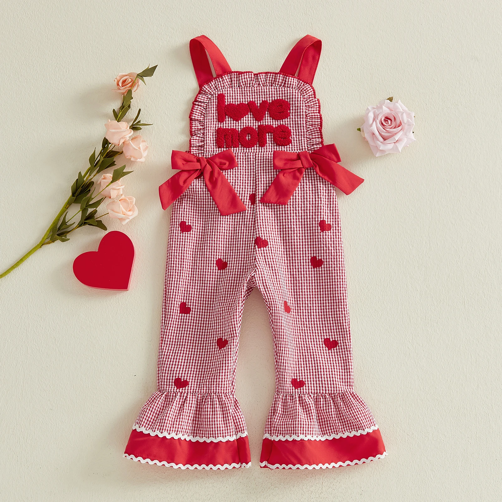 1-5Y Kids Girls Overalls Jumpsuits Plaid Heart Letters Flare Pants Bowknot  Playsuits Valentine’s Day Clothes for Casual Daily