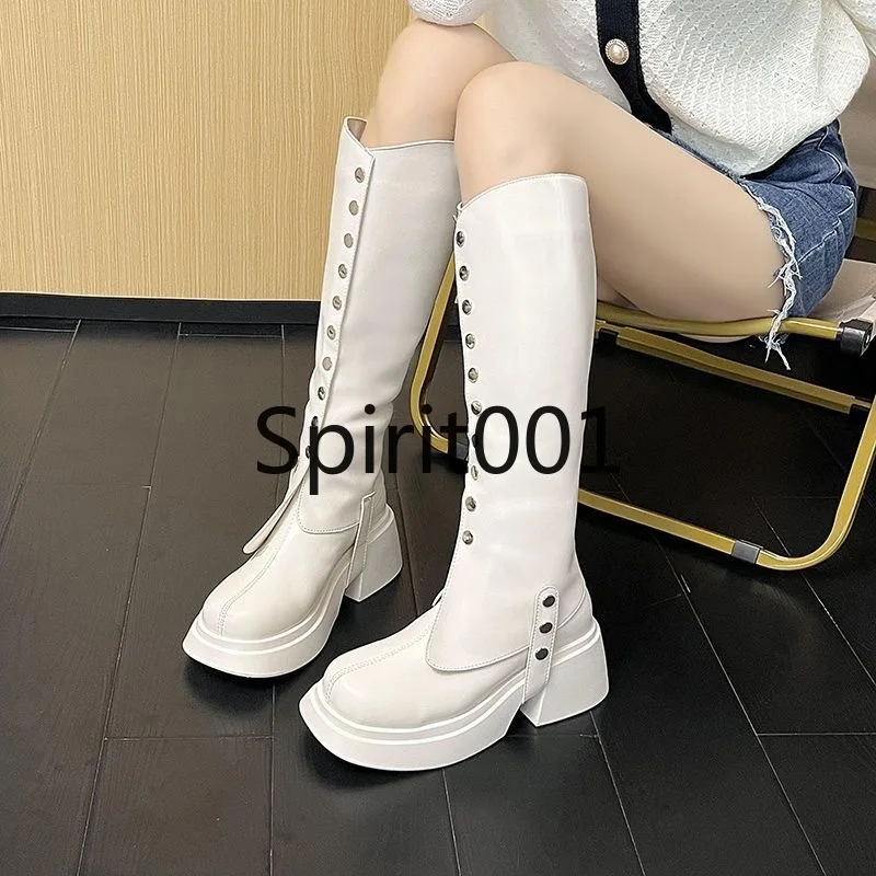 

Женские высокие сапоги для косплея на толстом каблуке с круглым носком, модные мотоциклетные сапоги-наездницы, увеличивающие рост, для косплея