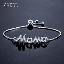 ZAKOL Exquisite Mom Letter CZ Bracelet for Women Sparkling Micropaved Zirconia Gold Color Adjustable Chain Bracelet Gift