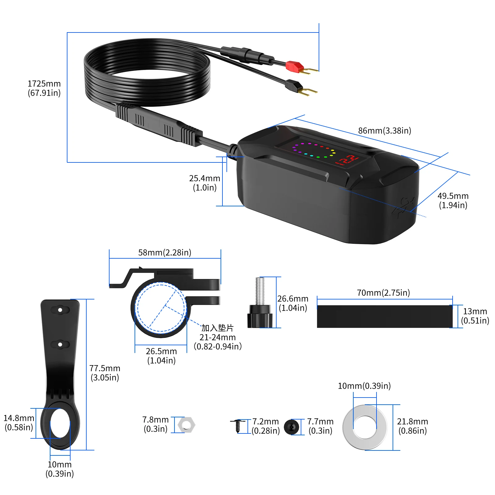 New PD QC4.0 Motorcycle USB Super Fast Phone Charger Waterproof with Retractable Type-C Cable Cellphone Voltmeter Digital Charge view 6