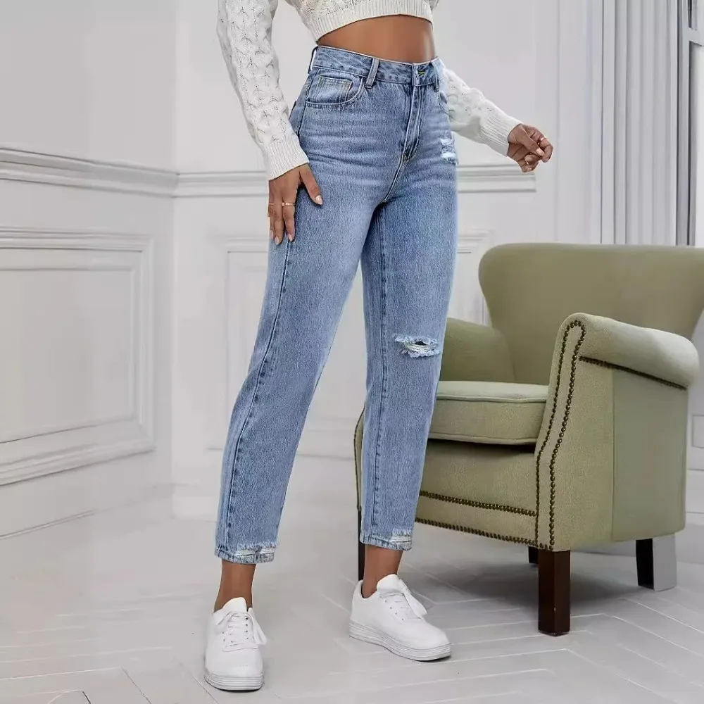 Casual Washed Ripped Jeans for Women Spring and Summer New Fashion Straight Nine Minutes of Pants Women