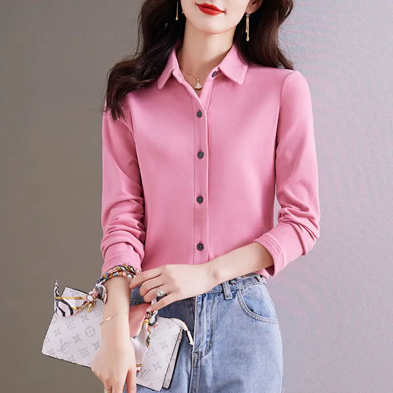 Autumn and Winter Double-sided Brushed Shirt for Women\'s Fashion Design Slimming Effect Layering Bottom Layer Cardigan Shirt