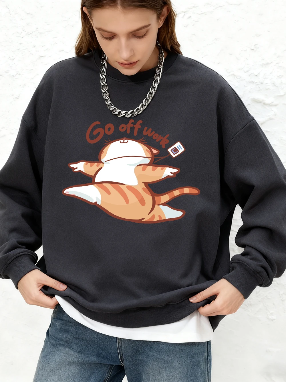 

Толстовки с принтом Happy Cat Go Off Work, женские осенние теплые толстовки с длинными рукавами, топы с круглым вырезом для бега, базовая одежда больших размеров