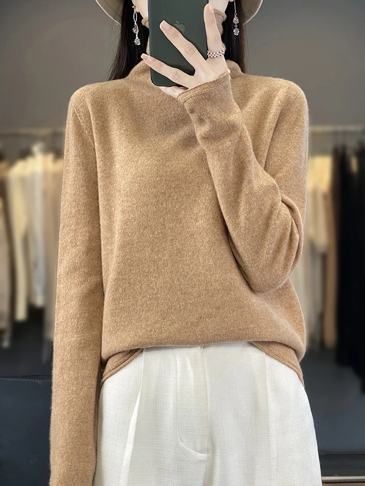 

Женский свитер с высоким воротом из 100% мериносовой шерсти, осенне-зимний, мягкий, теплый пуловер с длинным рукавом, вязаный топ, повседневный однотонный трикотаж