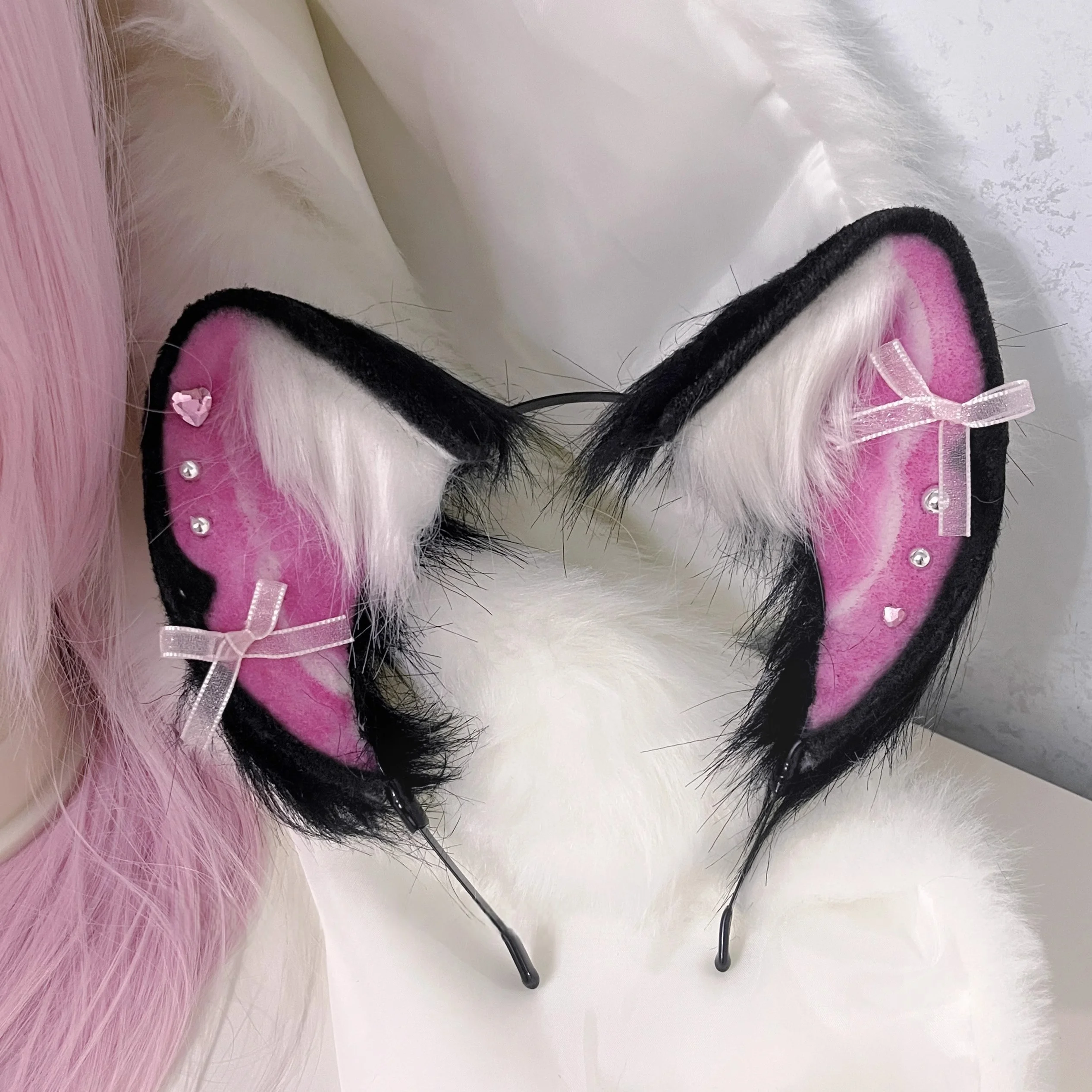 New Handmade Cute Furry Cat Ear Handband Cat Girl Y2K Pink Realistic Headpiece Lolita Maid Party Cosplay Hair Props