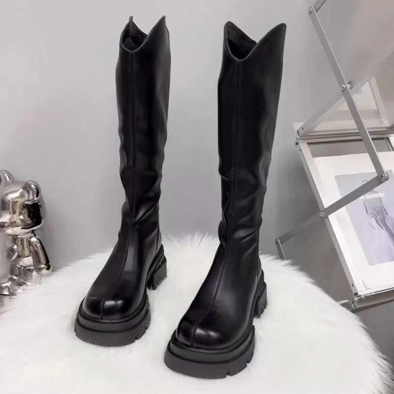 Winter New Female Knight Boots Round Toe Square Root PU Solid Color Knee-high Boots Increased Casual Fashion Women\'s Shoes