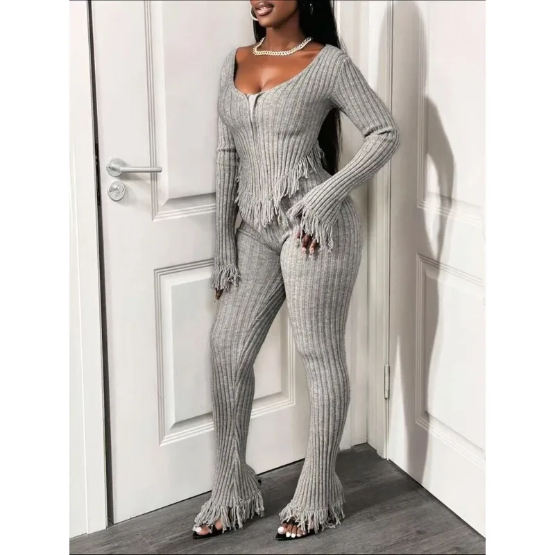 

2025 Autumn Solid Knitted Tassel Crochet Slim Casual 2 Piece Set Women Low Cut Full Sleeve Cardigan Top Pencil Pants Streetwear