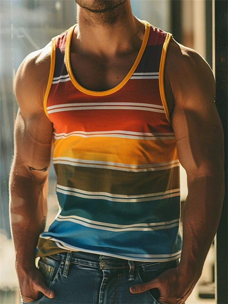 

Retro Striped Graphic Tank Tops For Men Summer Casual Daily Wear Simple Fashion 3D Printed Vest Loose Breathable Crew Neck Tops