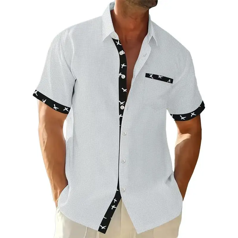 Men's Summer Lightweight Casual Lace Collar Shirt Breathable Short Sleeve Cleanfit Waist Cinched PU Fabric No Brand Registered