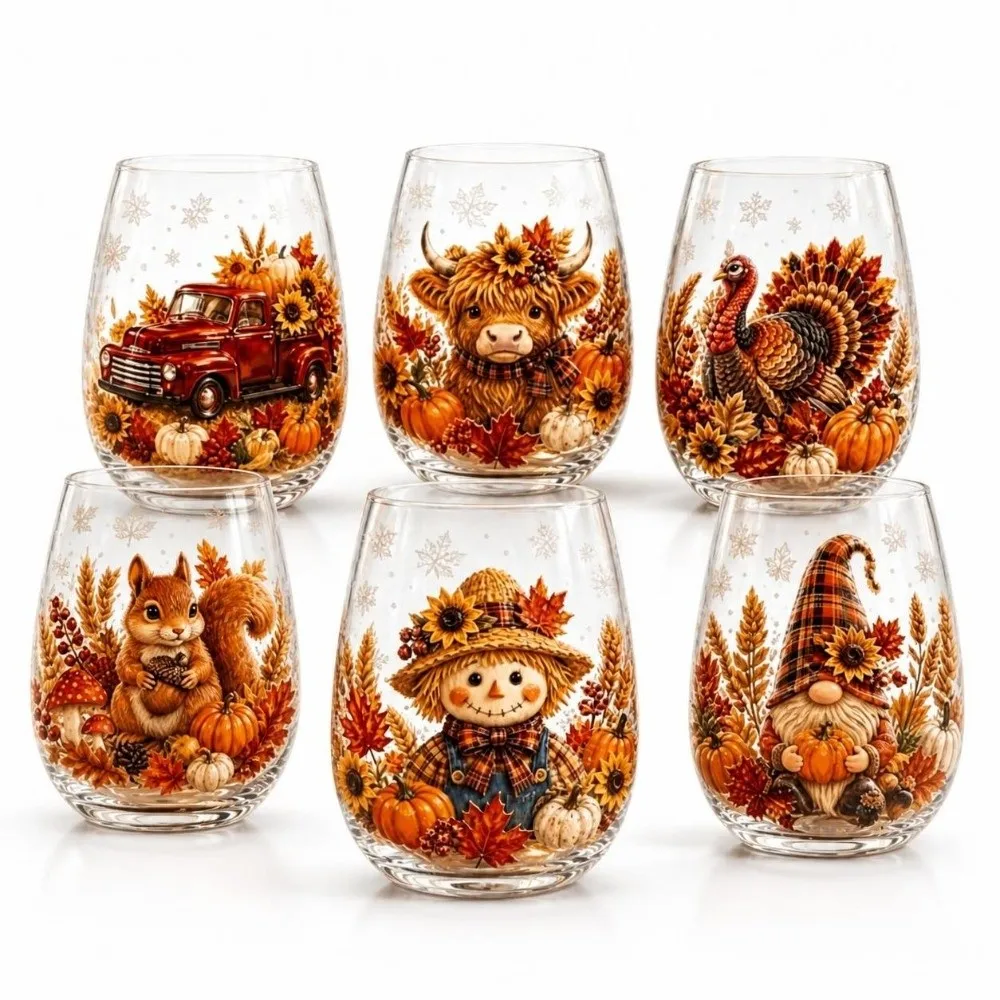 2D Print Christmas Wine Glass Elf Snowflake Clear Stemless Glass Autumn Leaf Thanksgiving Christmas Art Cup Entertainment