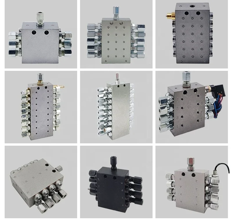 Progressive lubrication system uses SSV lubrication to separate valve blocks, grease dispenser blocks, grease 8 holes