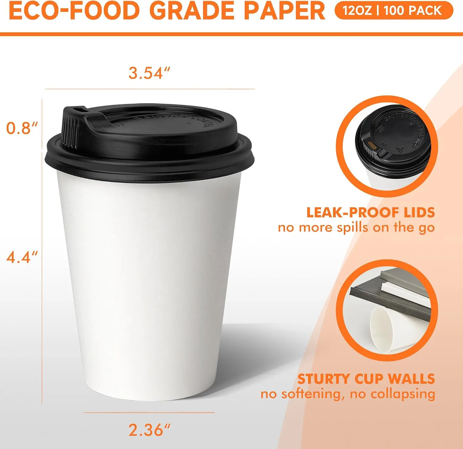 100 Pack 12oz Disposable Coffee Cups with Lids, Paper Cups Hot/Cold, Leak-Proof To Go, Home Cafe Office