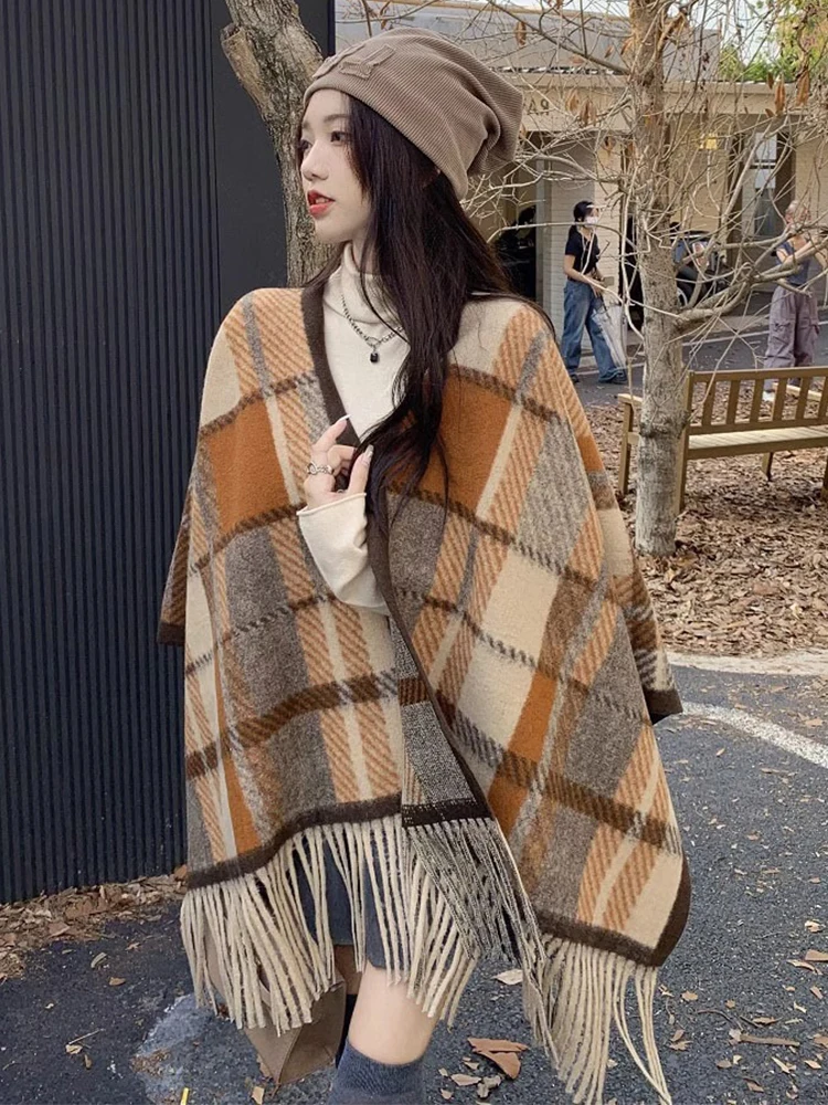 

Fashion Autumn Winter Preppy Retro Scarf Women Ladies Layers Poncho Plaid Scarve Capa Para Mujer Femme Pashmina Cloak Wrap Shawl