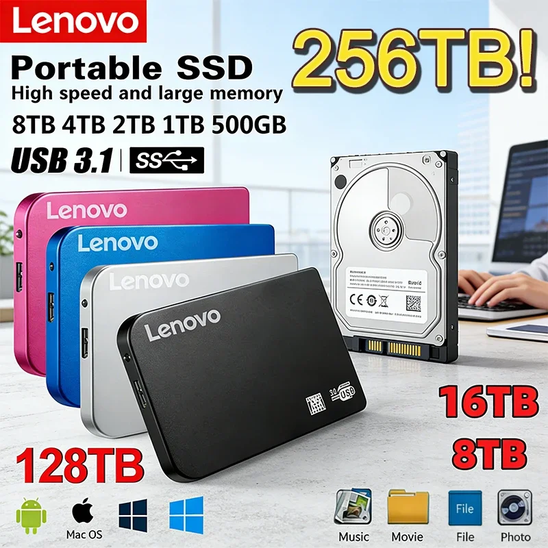 

Lenovo 256TB SSD High-speed SSD USB 3.0 Enclosure Mobile Hard Drive Cases for SSD External Storage HDD Box With USB3.0 Cable ABS