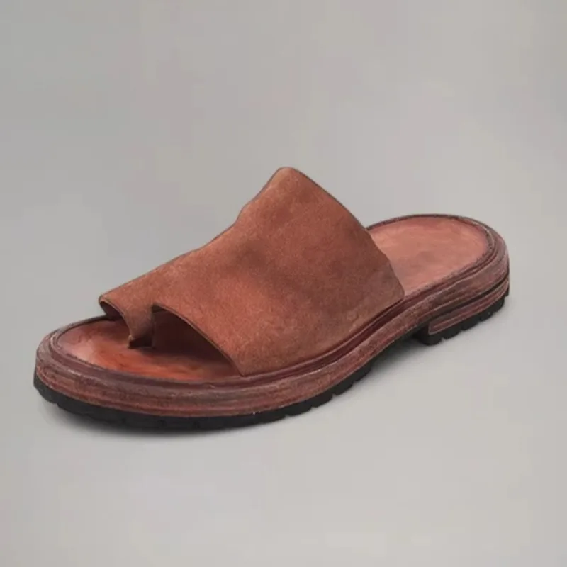 

Retro Handmade Genuine Leather Sandals Men's Clip on Slippers Fashion Washed Breathable Outdoor Lightweight Casual Summer Shoes