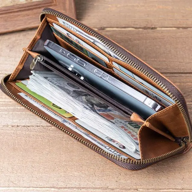 1098 Male and Female Crazy Horse Leather Long Wallet, Genuine Leather, Pure Top Layer Cowhide, Retro Wallet