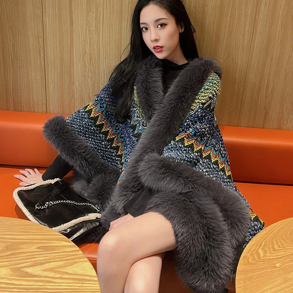 Winter Warm Coat Shawl Faux Fur Coat Women Outerwear Faux Fox Fur Long Cape Wraps Furry Fluffy Luxury Fur Trim Cloak Loose Coat